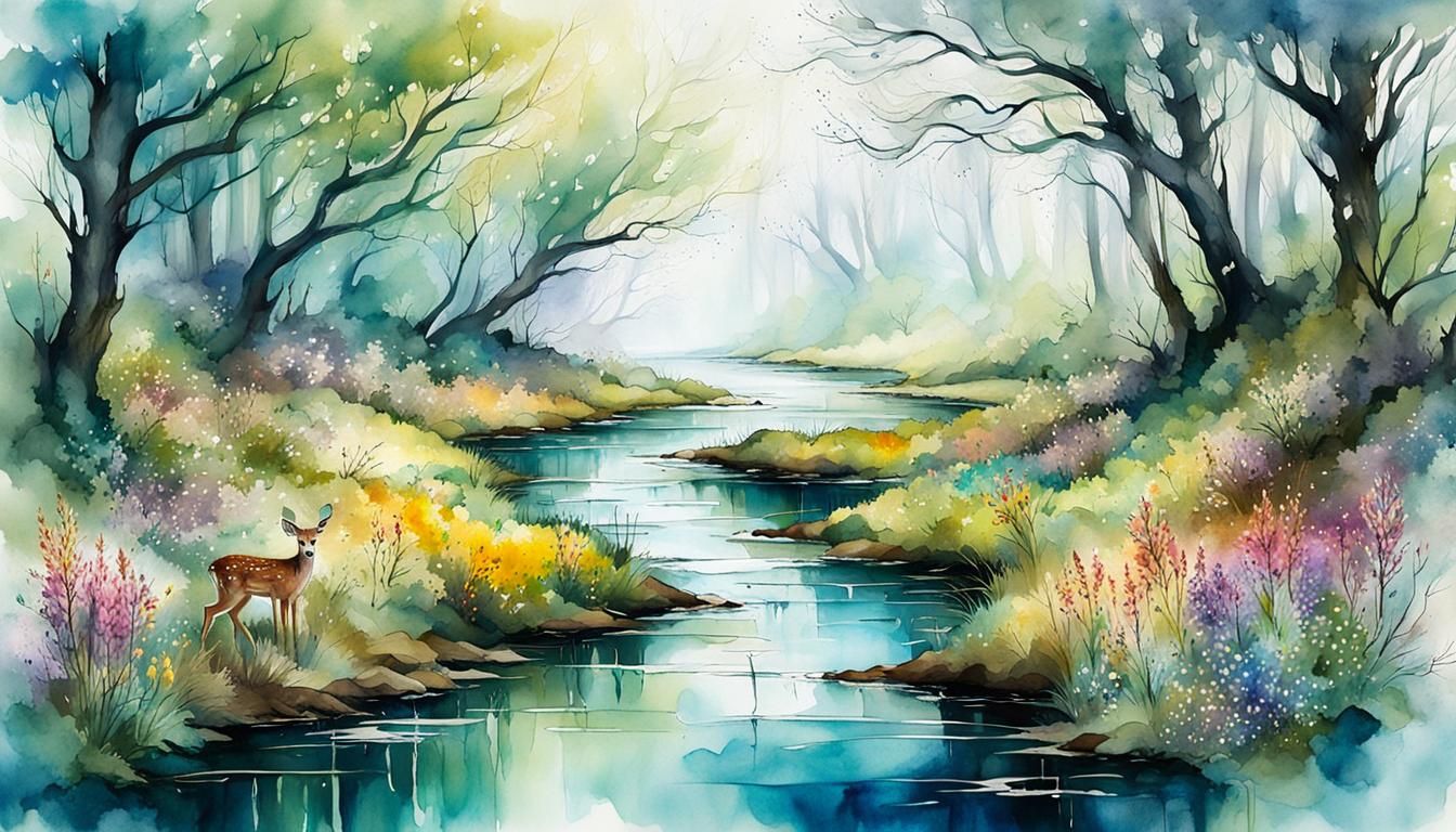 Spring Wood River Scene as Impressionist Painting