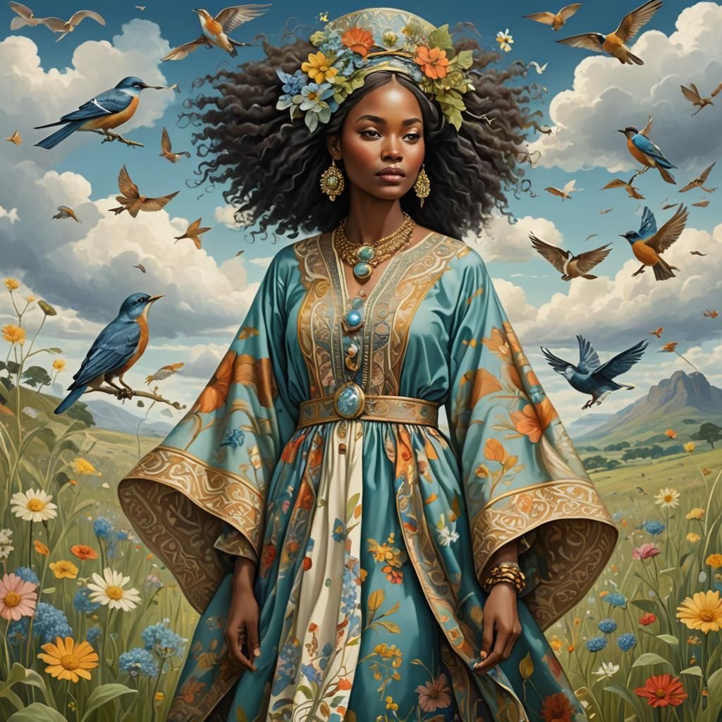 African Woman in Whimsical Meadow, Beatrix Potter Style