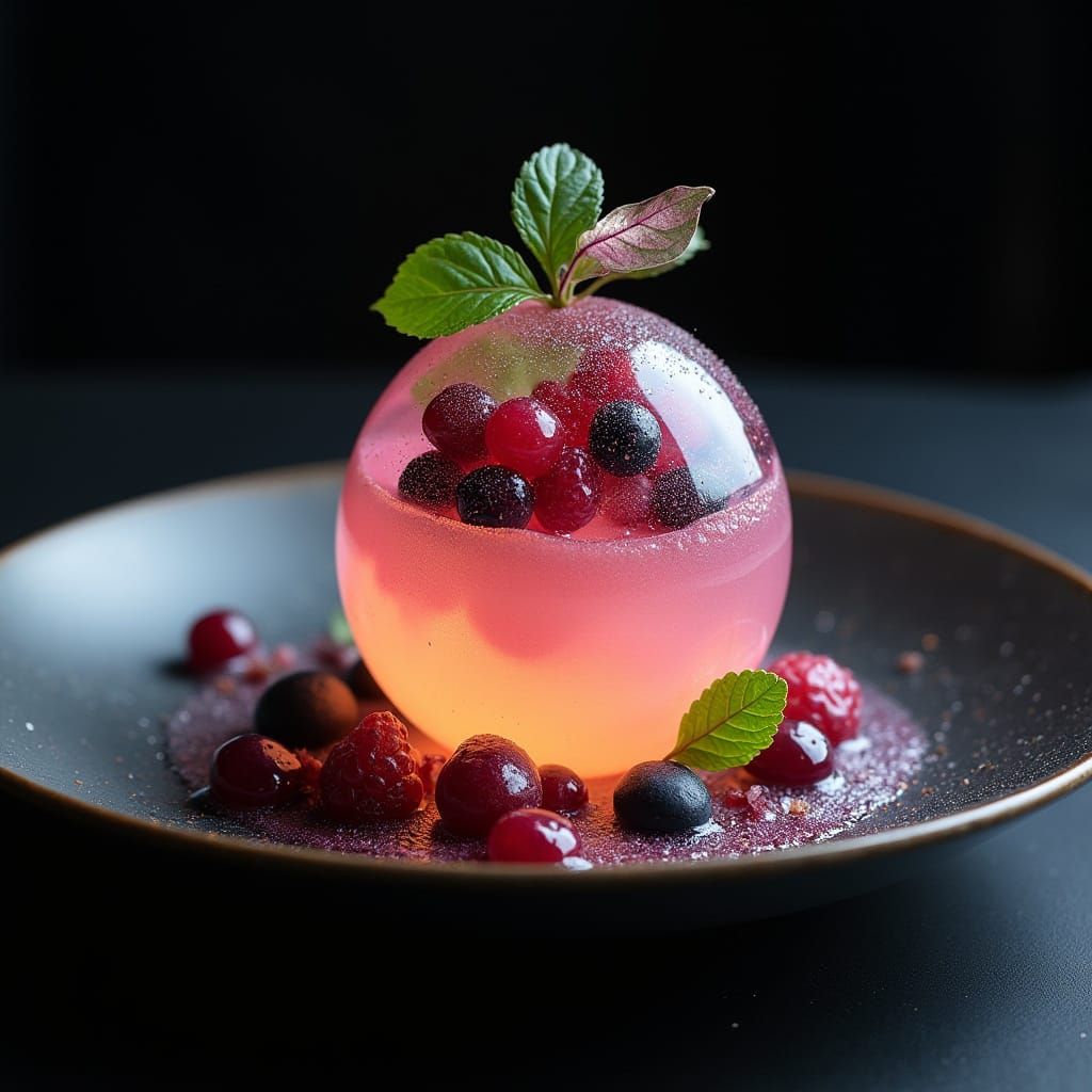 Luxurious Dessert with Sugar Sphere and Berries