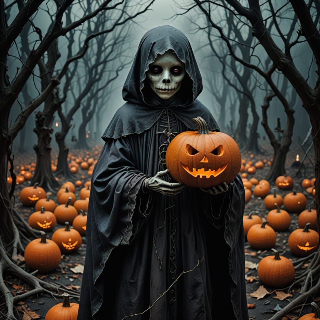 Surreal Ghost Child with Pumpkin of Candy