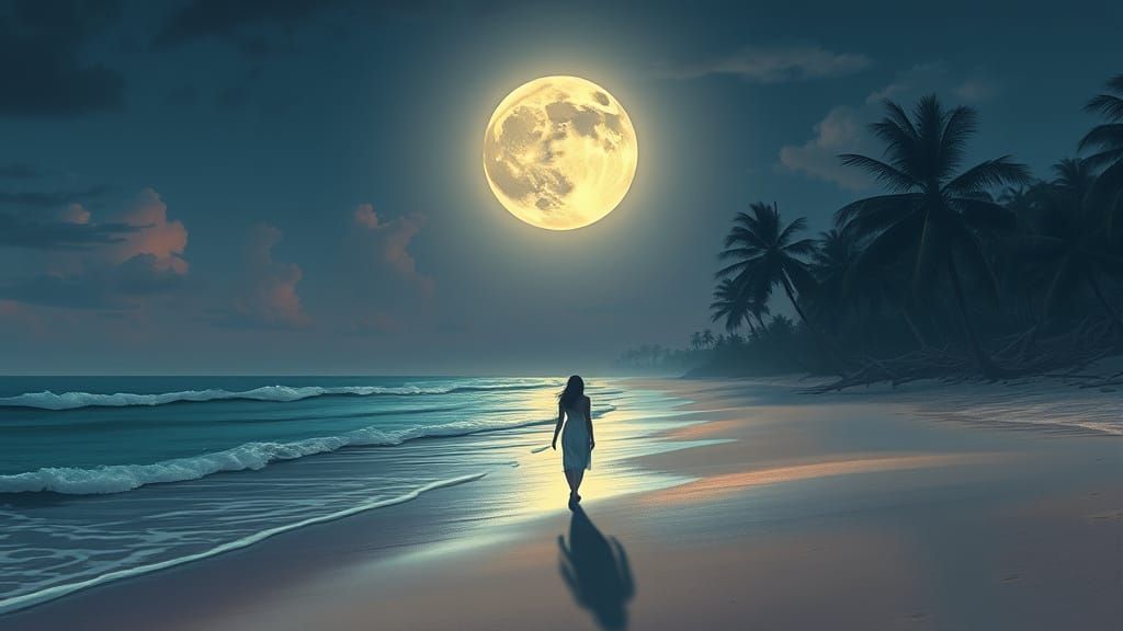 Ethereal Beach Walk Under Full Moon, Dreamy Art