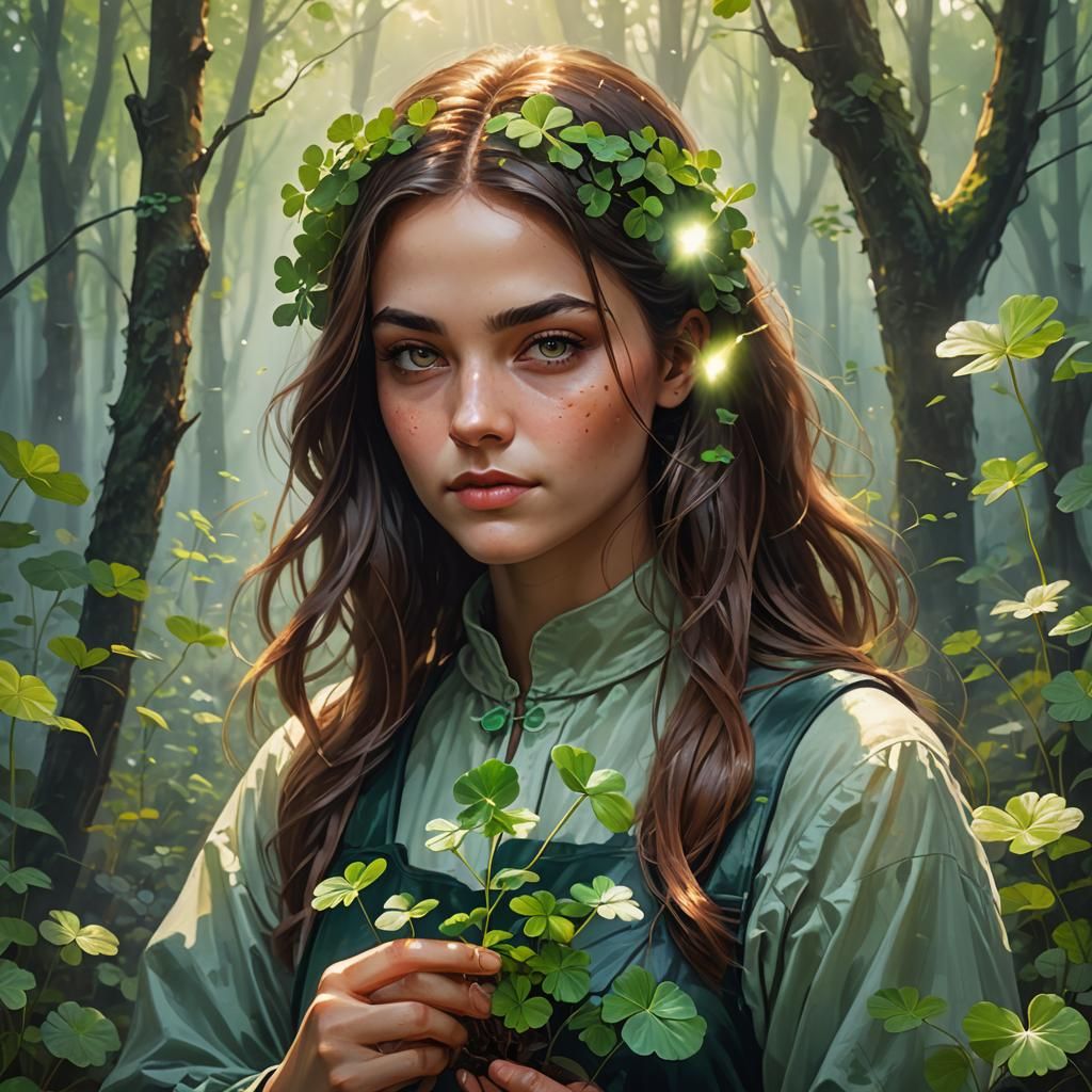 Girl Planting Clover: Vibrant Oil Painting