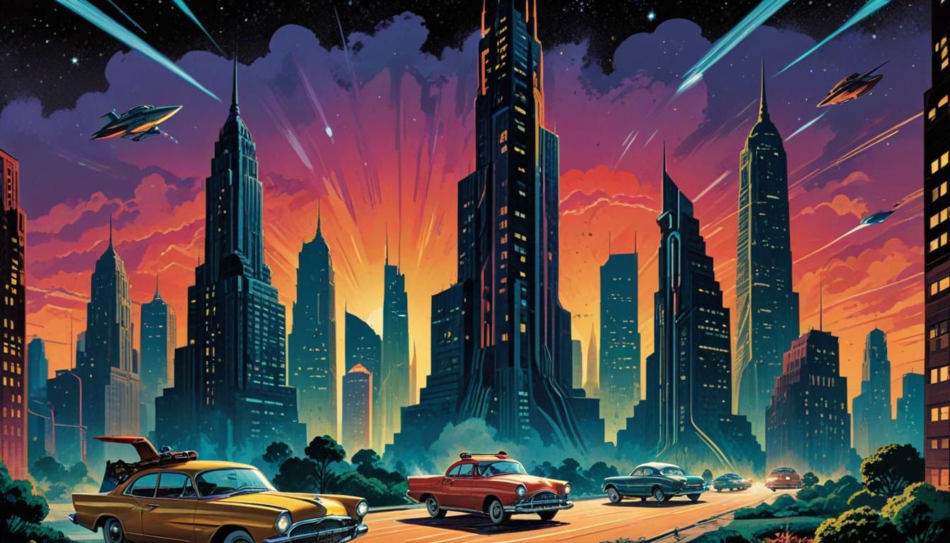 Retro-Futuristic Cityscape in Classic Golden Age Comic Book...