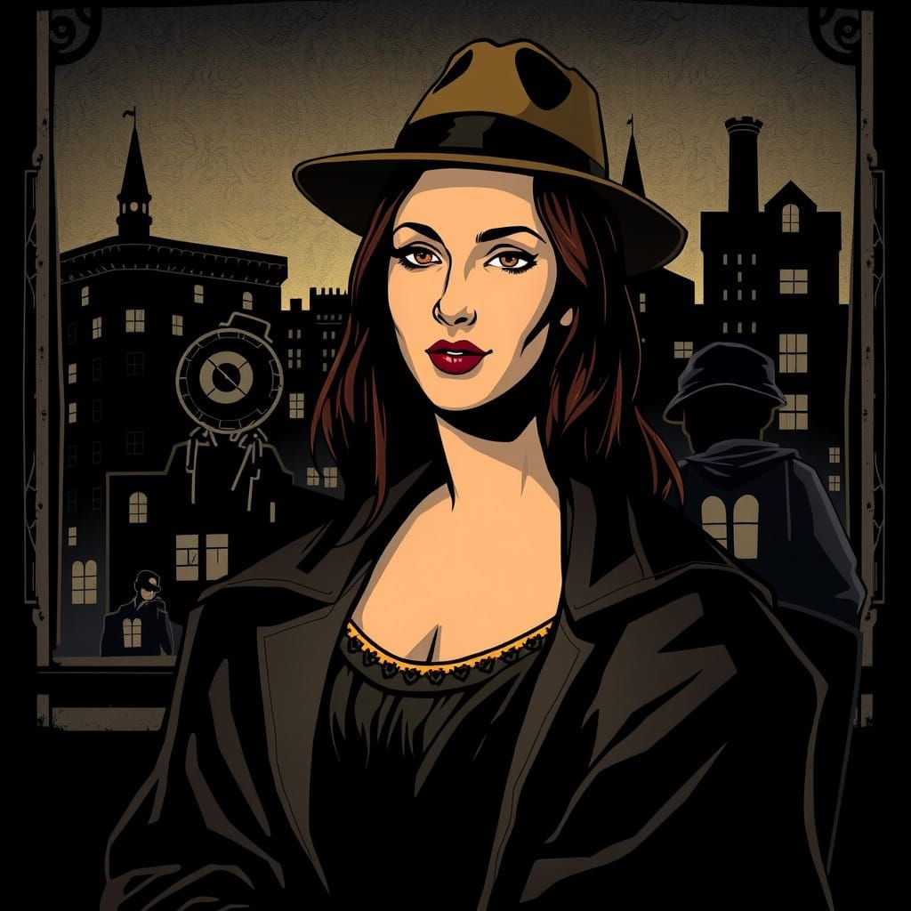 Mysterious Femme Fatale in Film Noir Cityscape