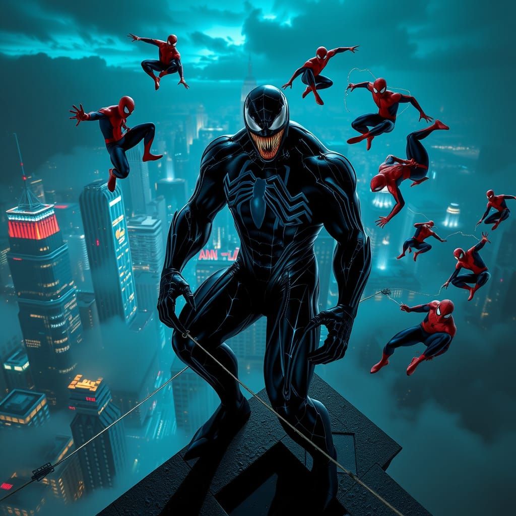 Venom on Gothic Rooftop with Spider-Man, Unreal Engine 5