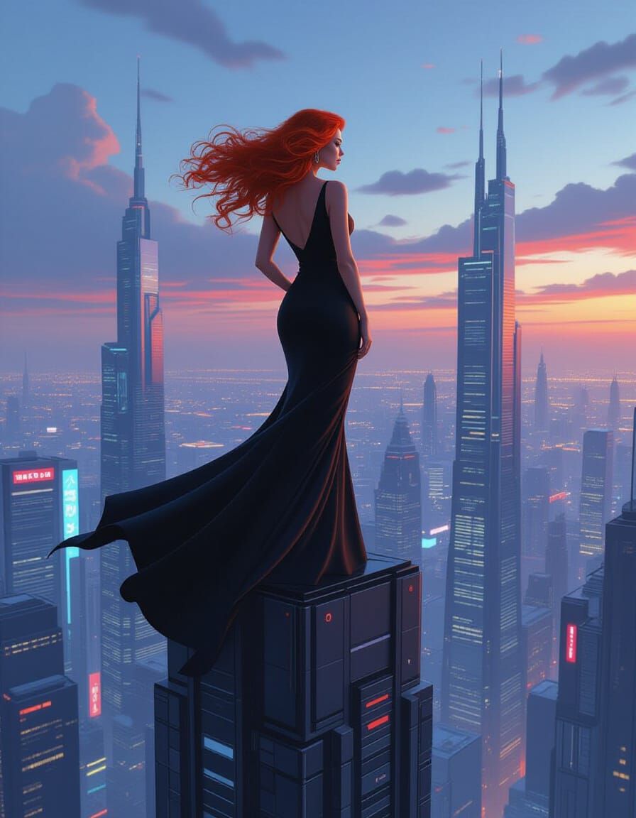 Curvy Woman with Fire Hair on Skyscraper, Futuristic City