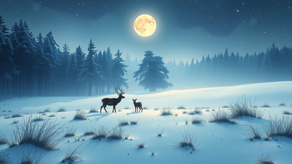 Moonlit Deer in Snowy Meadow: Naive Art Style