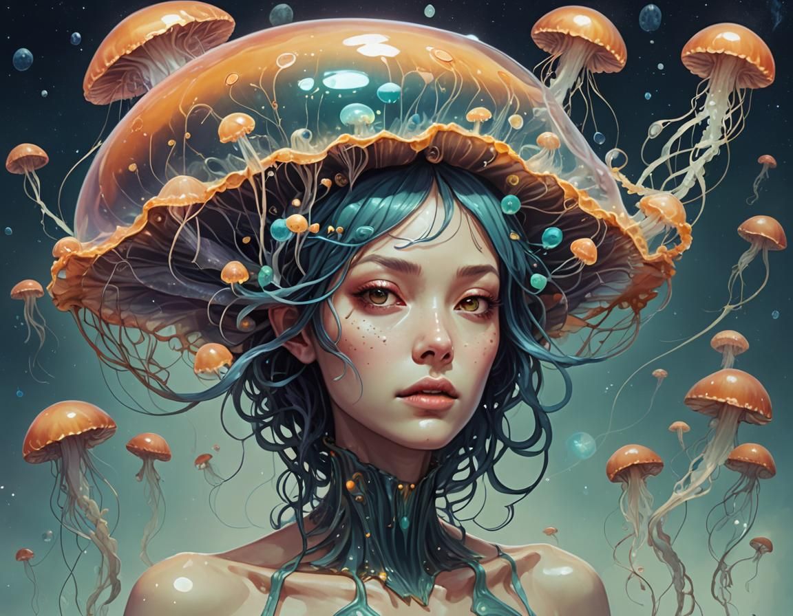Galactic Fungus Girl with Jellyfish Alien