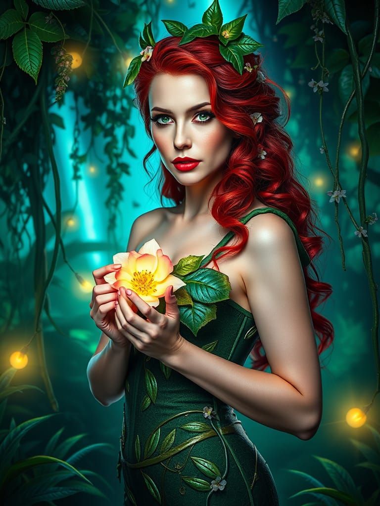 Poison Ivy in a Vibrant Jungle Scene with Ethereal Lighting