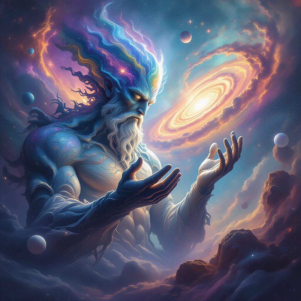 Cosmic Being Sculpting Planets in Ethereal Celestial Art