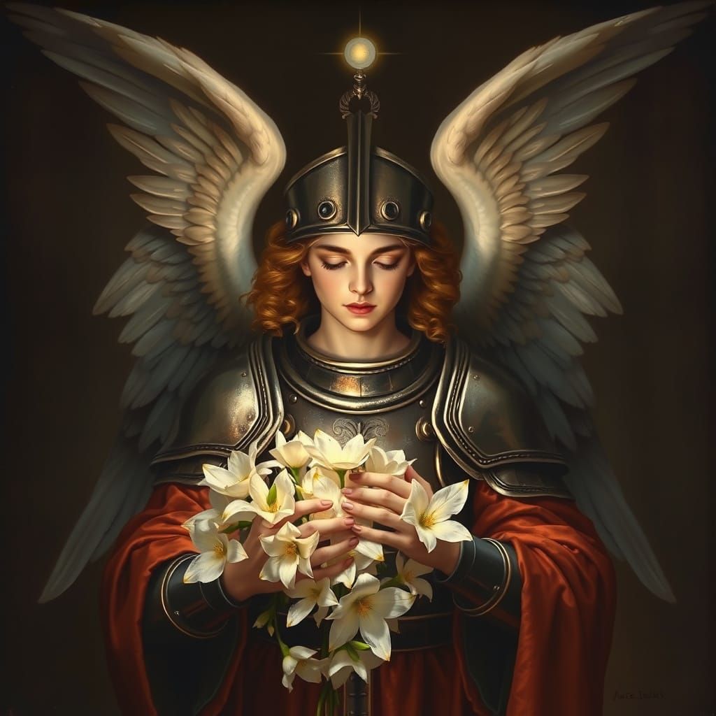 Renaissance Angel Descends with Starlight Flowers