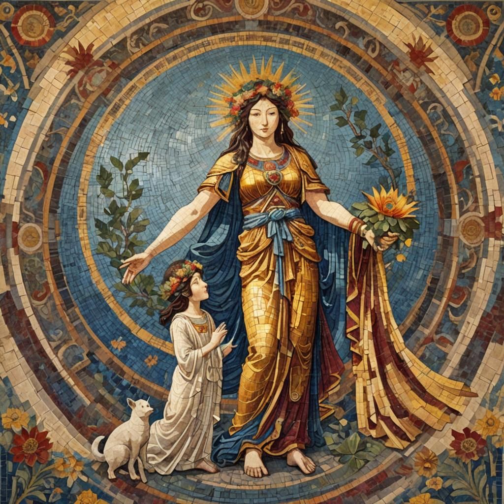 Ancient Pompeii Mosaic Featuring Amaterasu and Dionysus