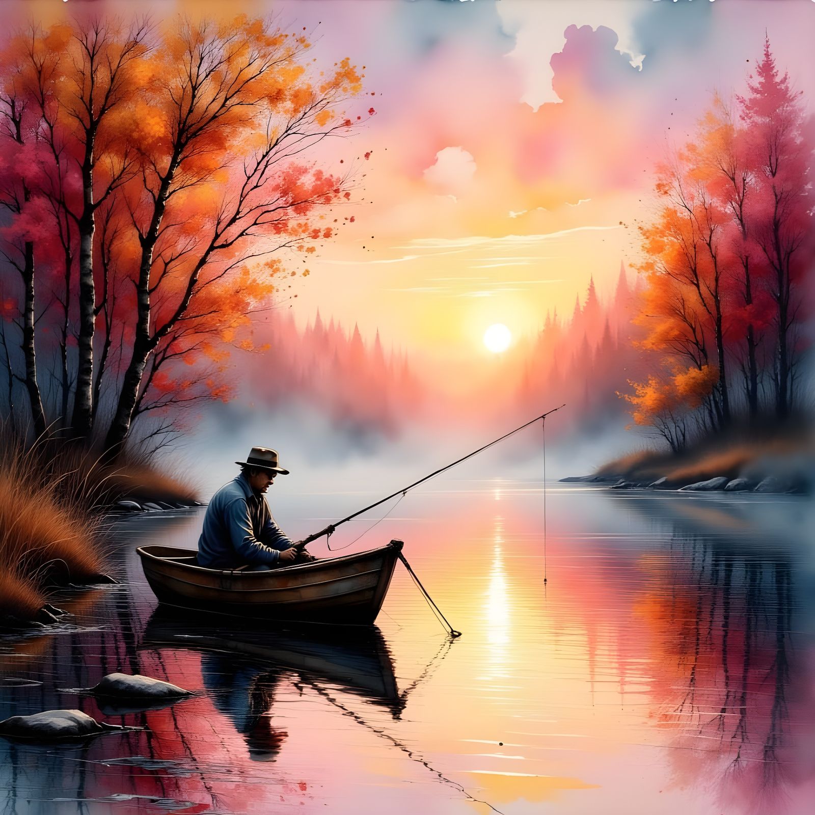 Fisherman's Solitude: Autumn River at Dawn