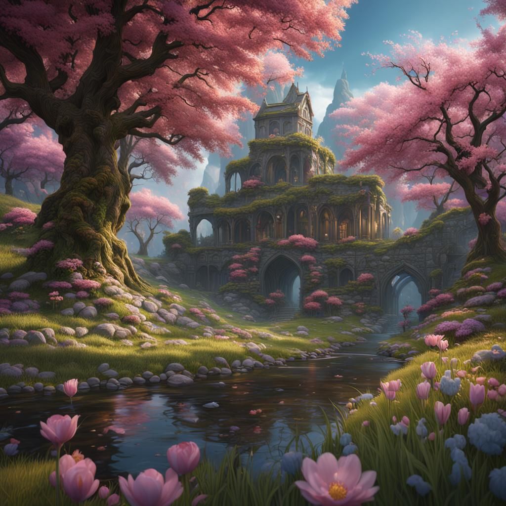 Fantastical Spring Scene in Matte Painting Style