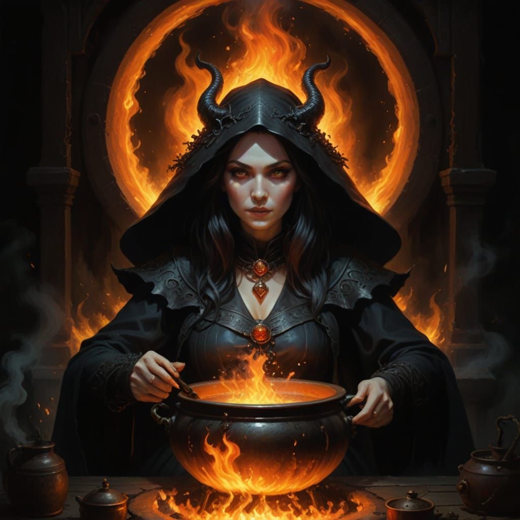 Lovecraftian Witch Drinks Fire Potion at Hell's Gates