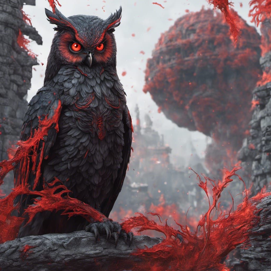 Detailed Black and Red Owl Concept Art