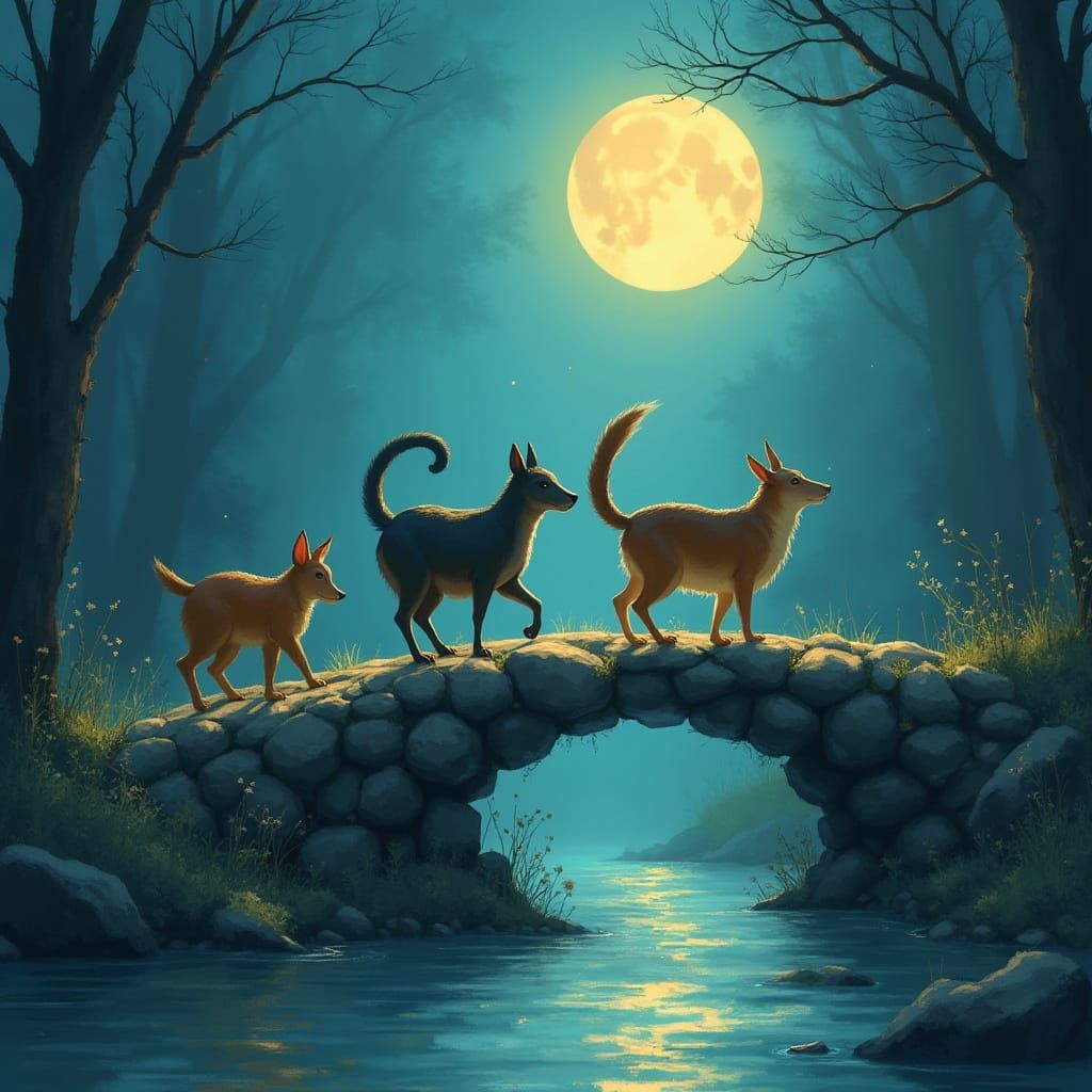 Animals Cross Glowing Bridge in Whimsical Fantasy Art