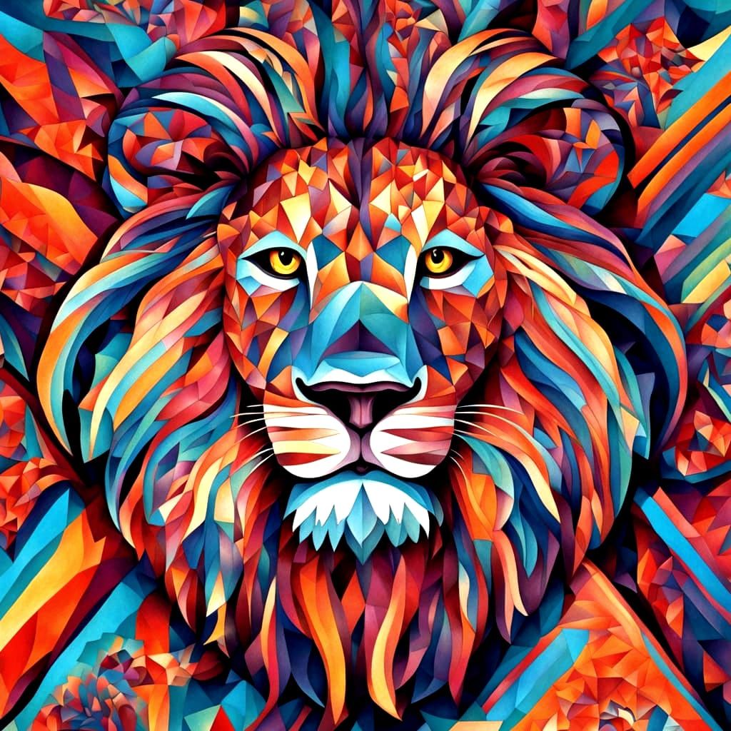 Vibrant Fractal Lion in Kaleidoscopic Savannah