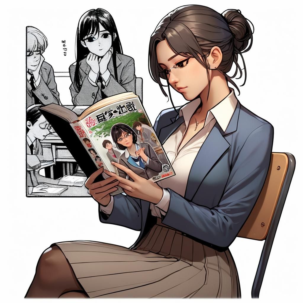 A teacher reading a manga about a character who is always skipping class.