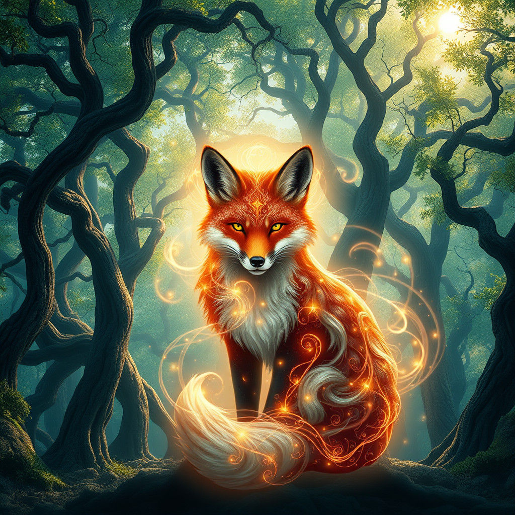 Ethereal Fox Guardian in Mystical Forest Landscape