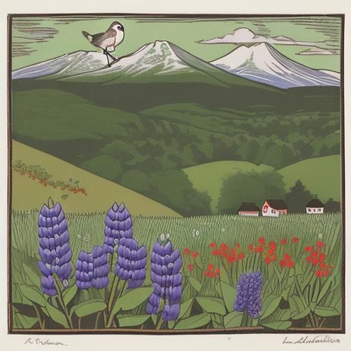 Vermont Landscape Woodcut with Chickadee, Posada Style