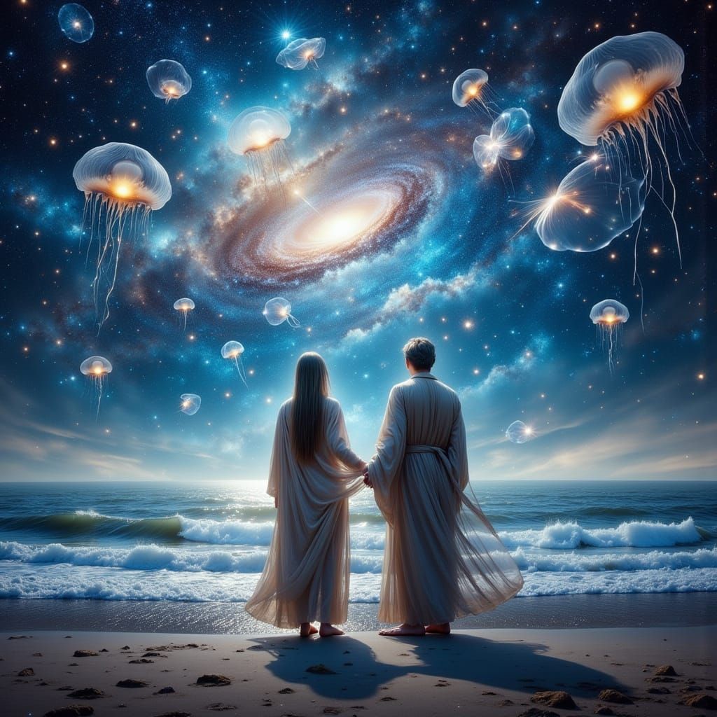 Celestial Embrace on Bioluminescent Shore