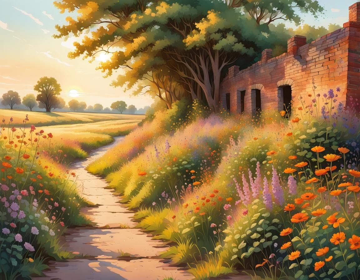 Golden Hour Illuminates Floral Fields and Old Ruins