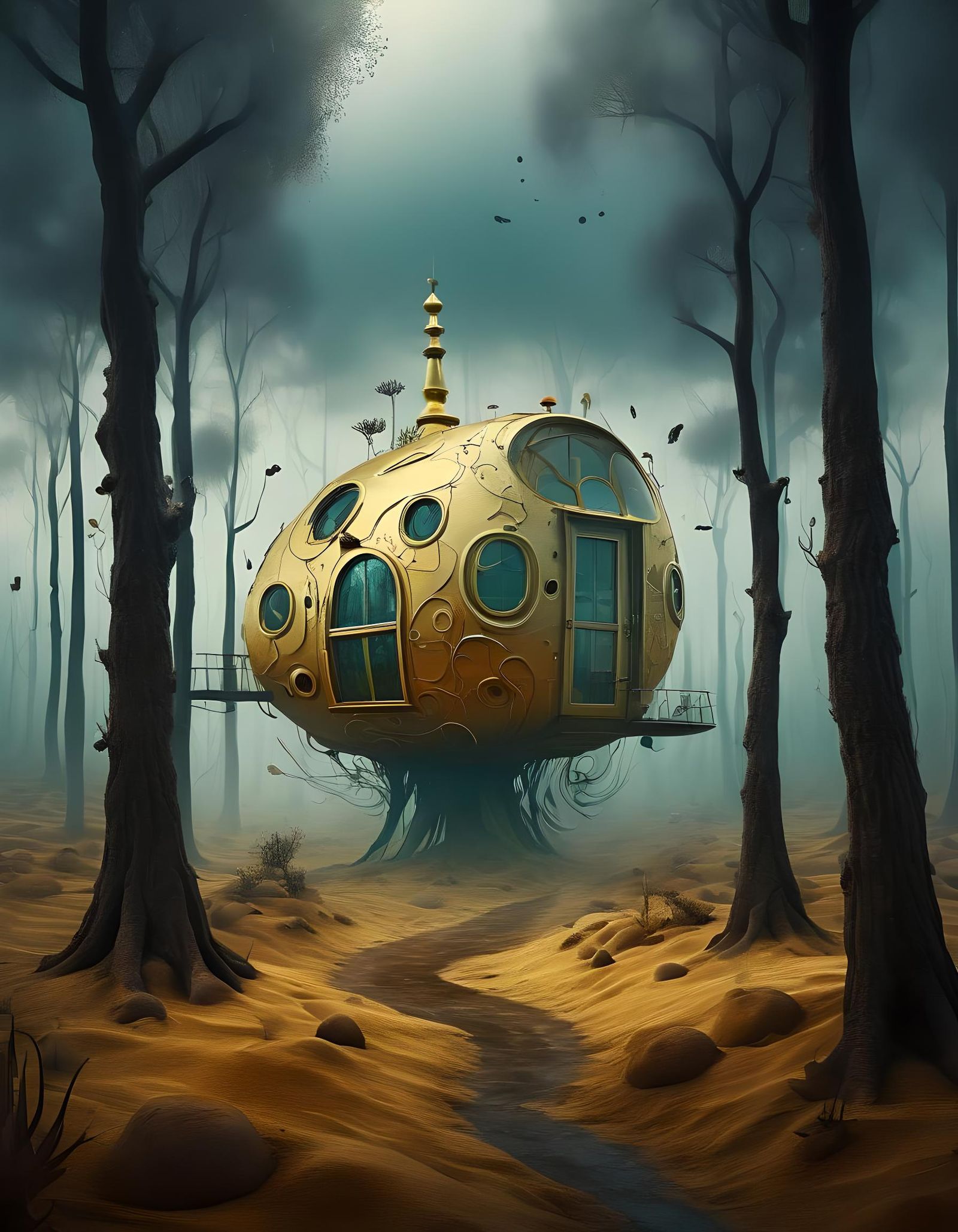 Surreal Flying Submarine Houses in Dreamlike Desert