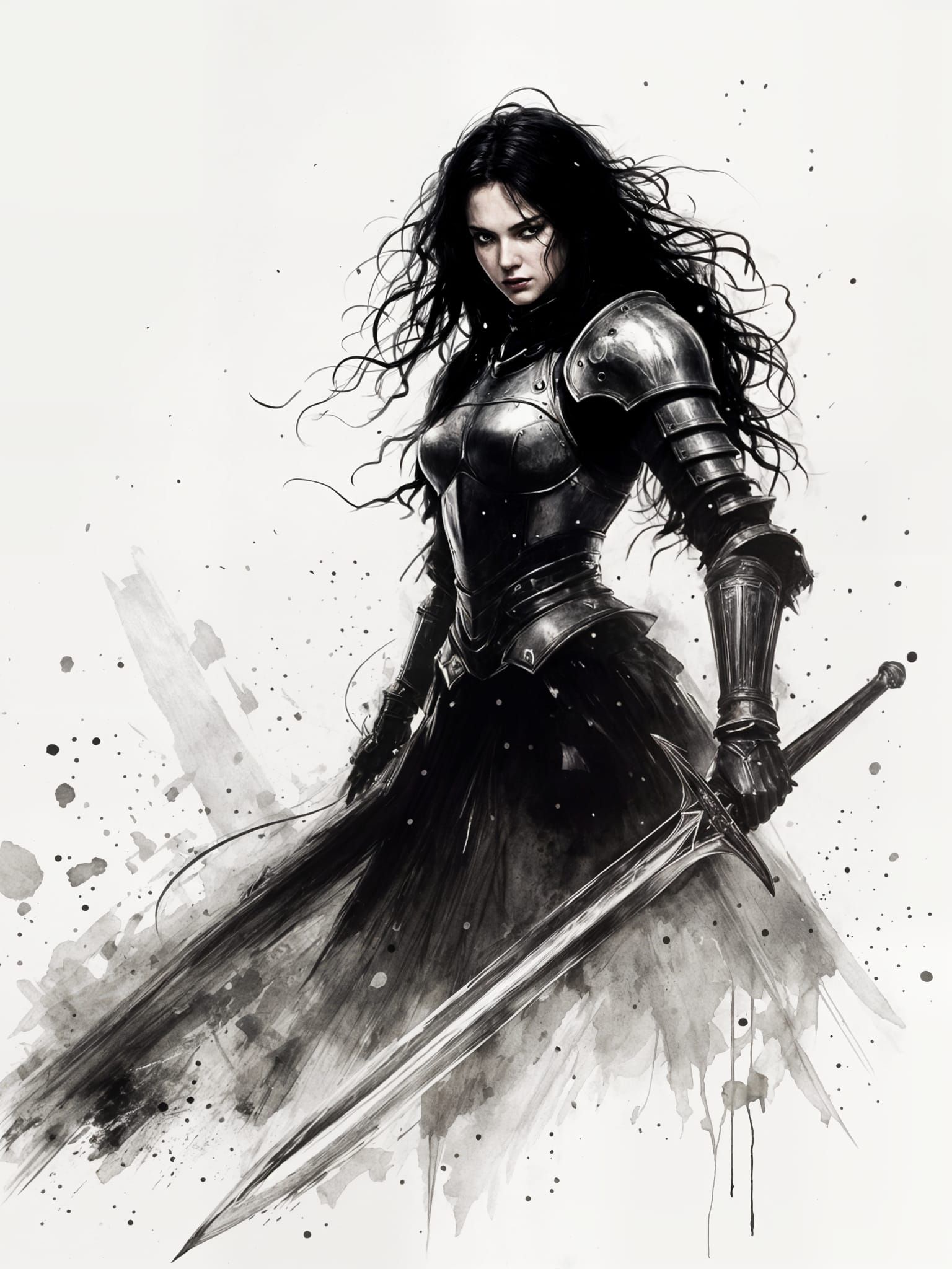 Fallen Knight with Greatsword in Ink Drawing Style