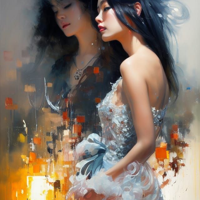 Attractive Woman Walking in Tokyo as Detailed Painting