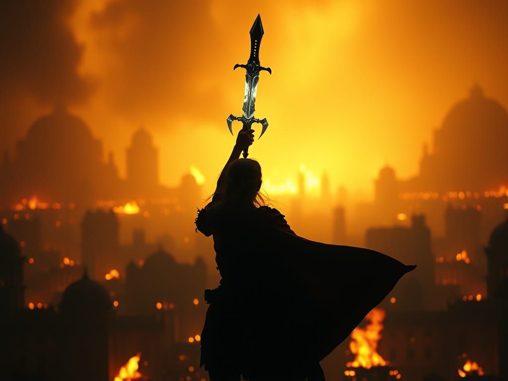 Ethereal Warrior Emerges from Apocalyptic Ruins