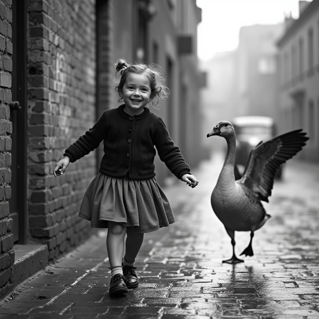 Young Girl Dances with Goose in Mid-20th Century Urban Setti...