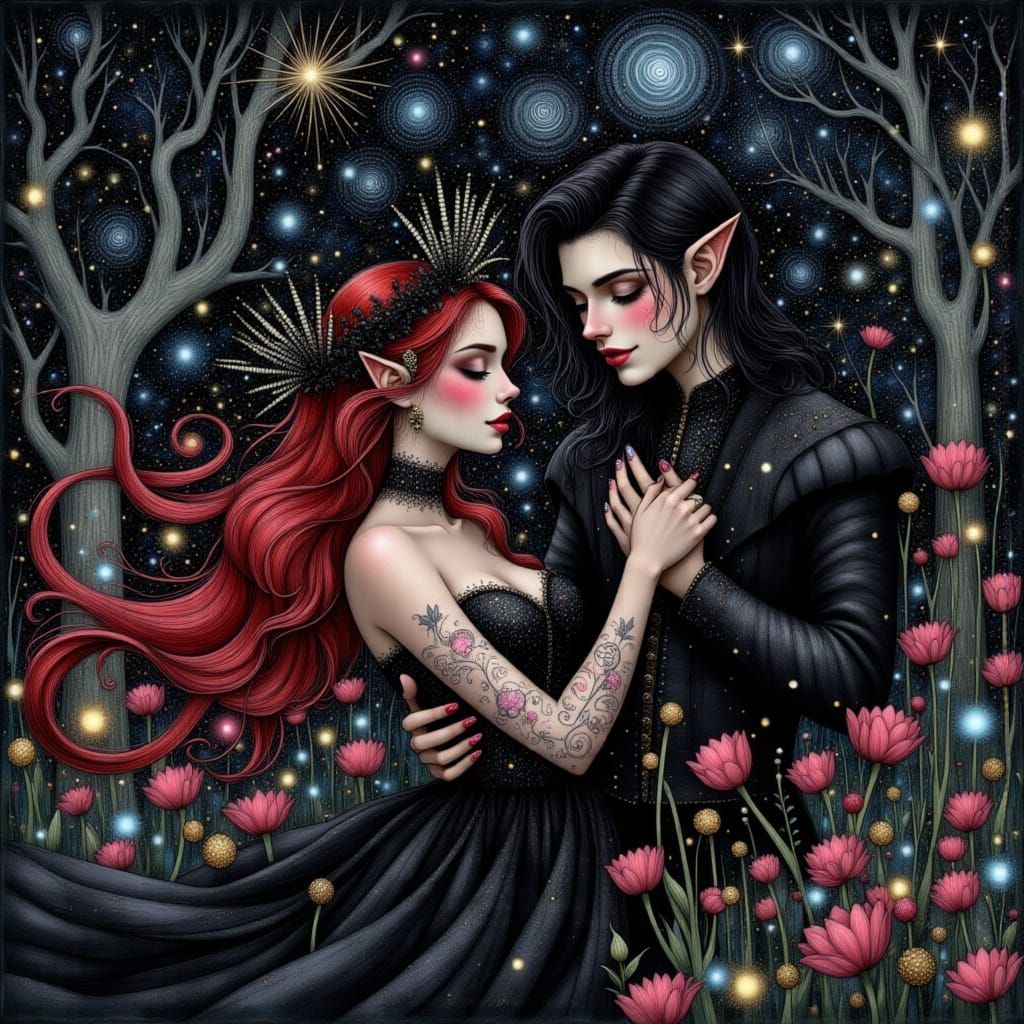 Witch Queen Dancing with Fae Prince in Synthwave Style