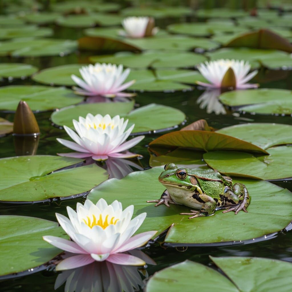 Frog on Lily Pad in Water Lily Pond