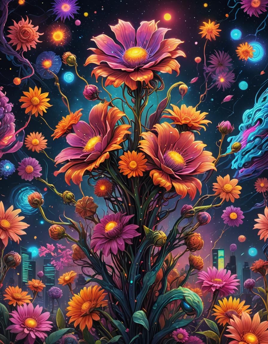 extraterrestrial monster flower with glowing eyes and strange blossoms in glowing colors in space