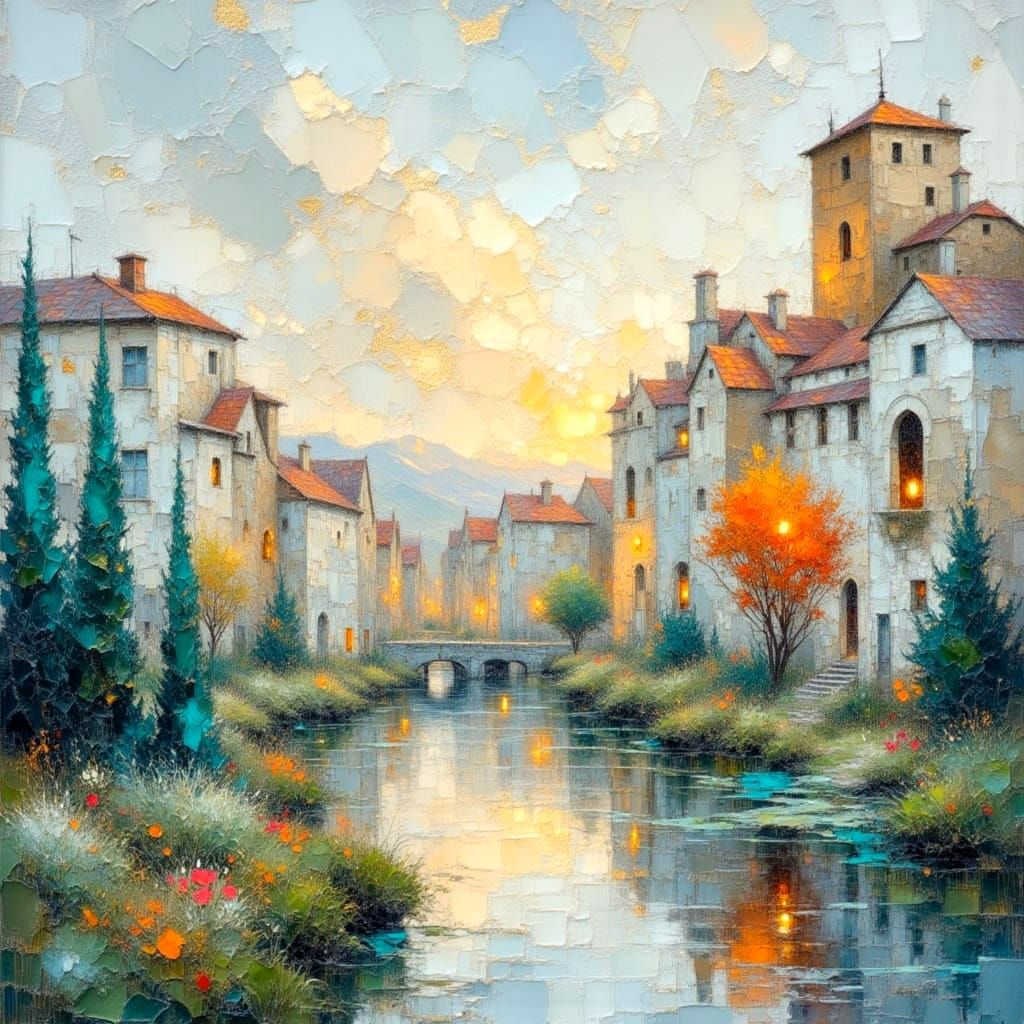 Impasto Cityscape Radiates Light in Oil Painting