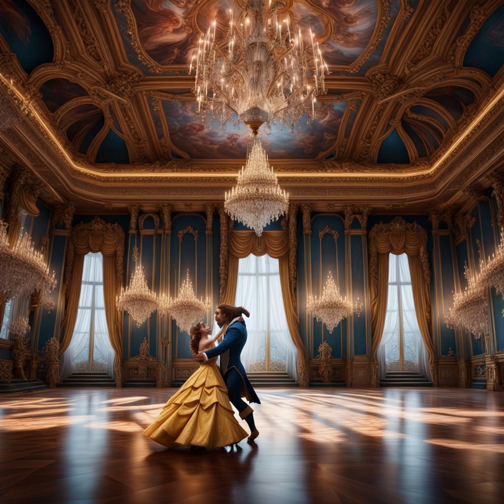 Belle and Beast Dance in Ornate Ballroom
