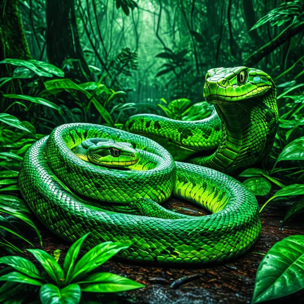 Giant Green Snake in Lush Rainforest