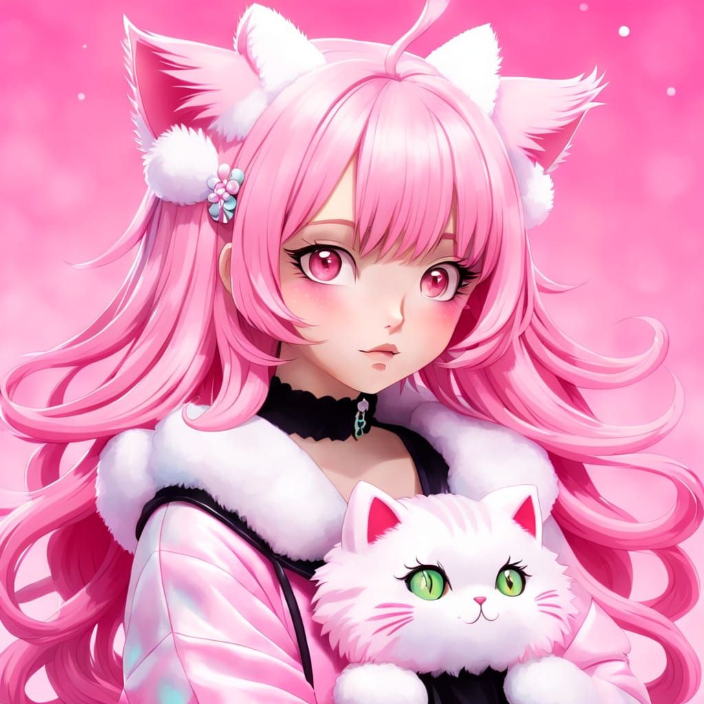 Whimsical Pastel Girl with Fluffy Cat Ears and Tail