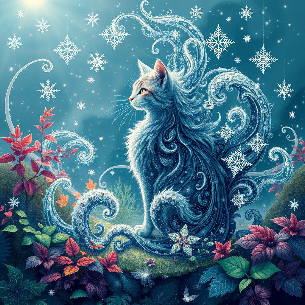 Snow Queen Cat Immersed in Surreal Nature
