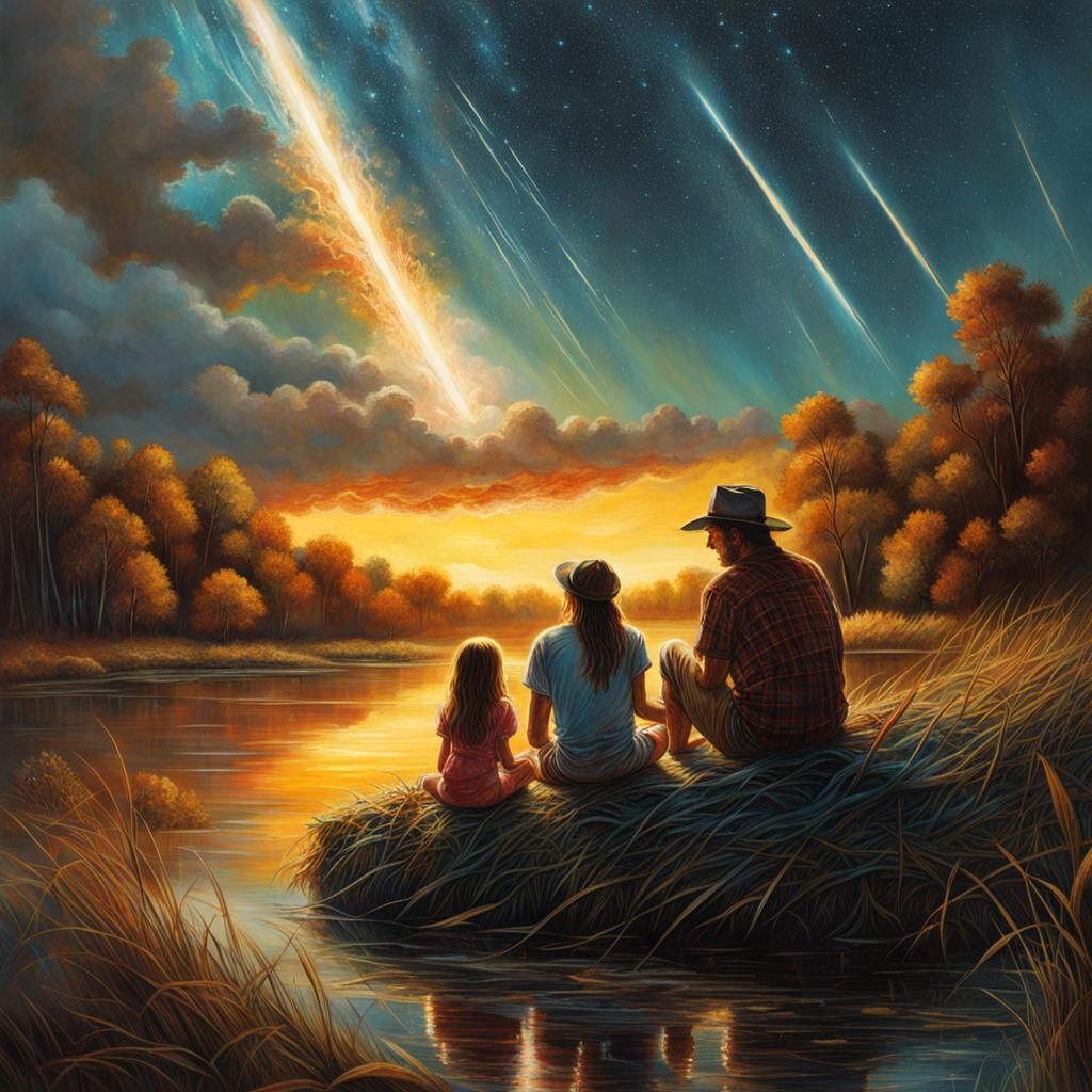 Native Family Watching Meteor Shower: Detailed Art