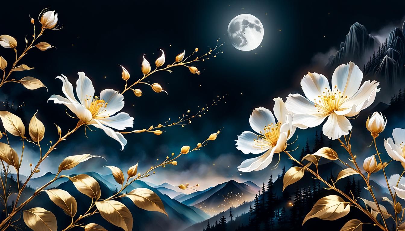 Chinese Ink Painting: Moonlit Mountains and Floral Transpare...