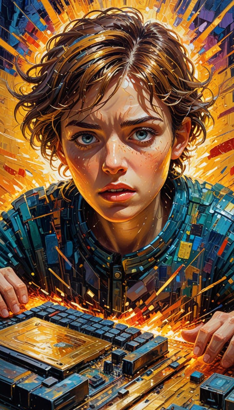 Figure in Computer as Neo-Impressionist Oil Painting