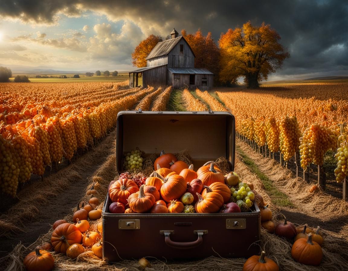 Miniature Fall Harvest Exploding from Suitcase