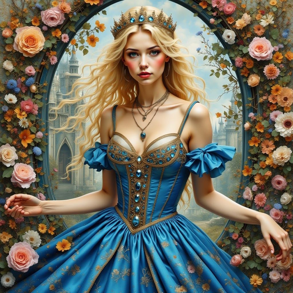 Blonde Princess in Blue Gown with Jewels and Portal