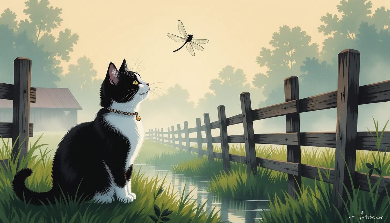 Kitty Cat and Dragonfly in Gouache and Watercolor Style