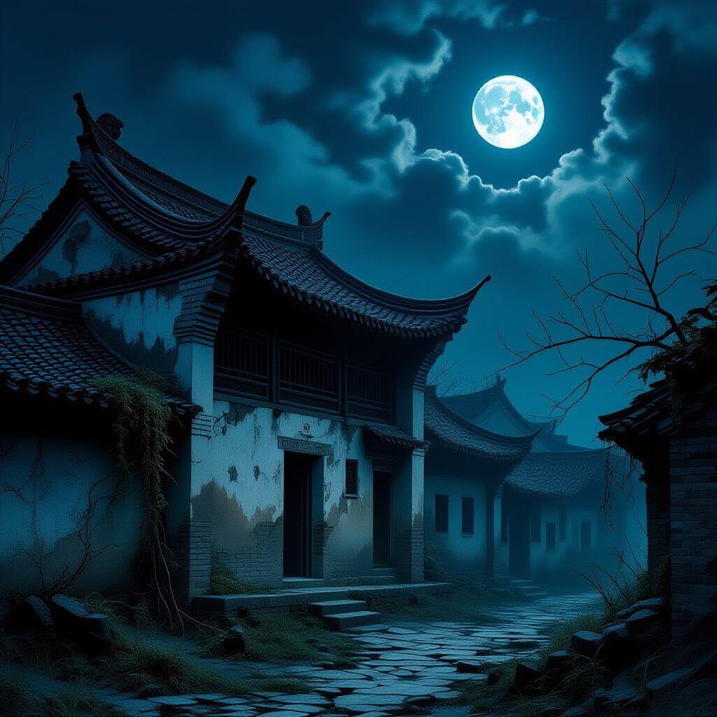 Decaying Ancient Chinese House in Dark Surrealist Style