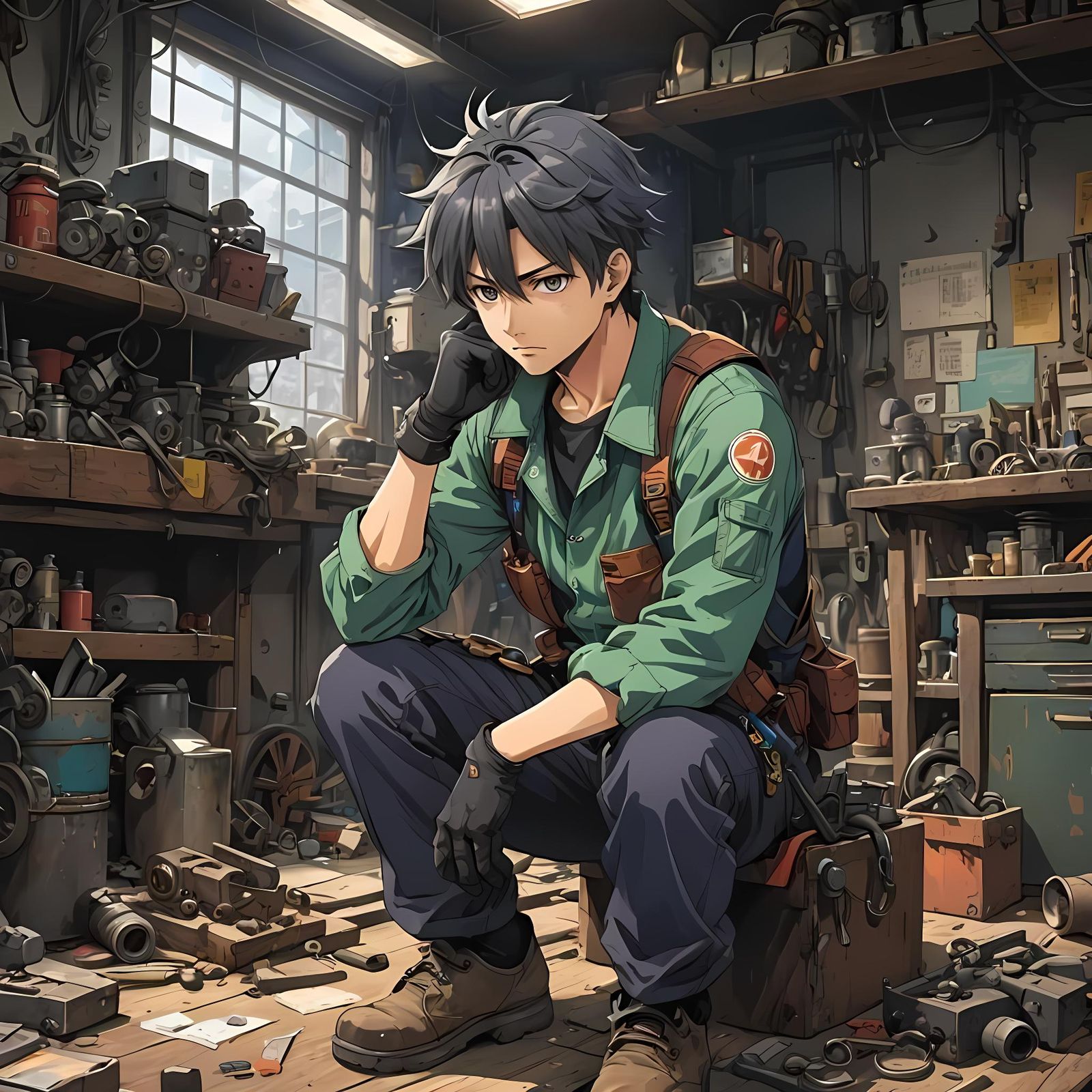 Depressed Mechanic in Cluttered Anime Workshop