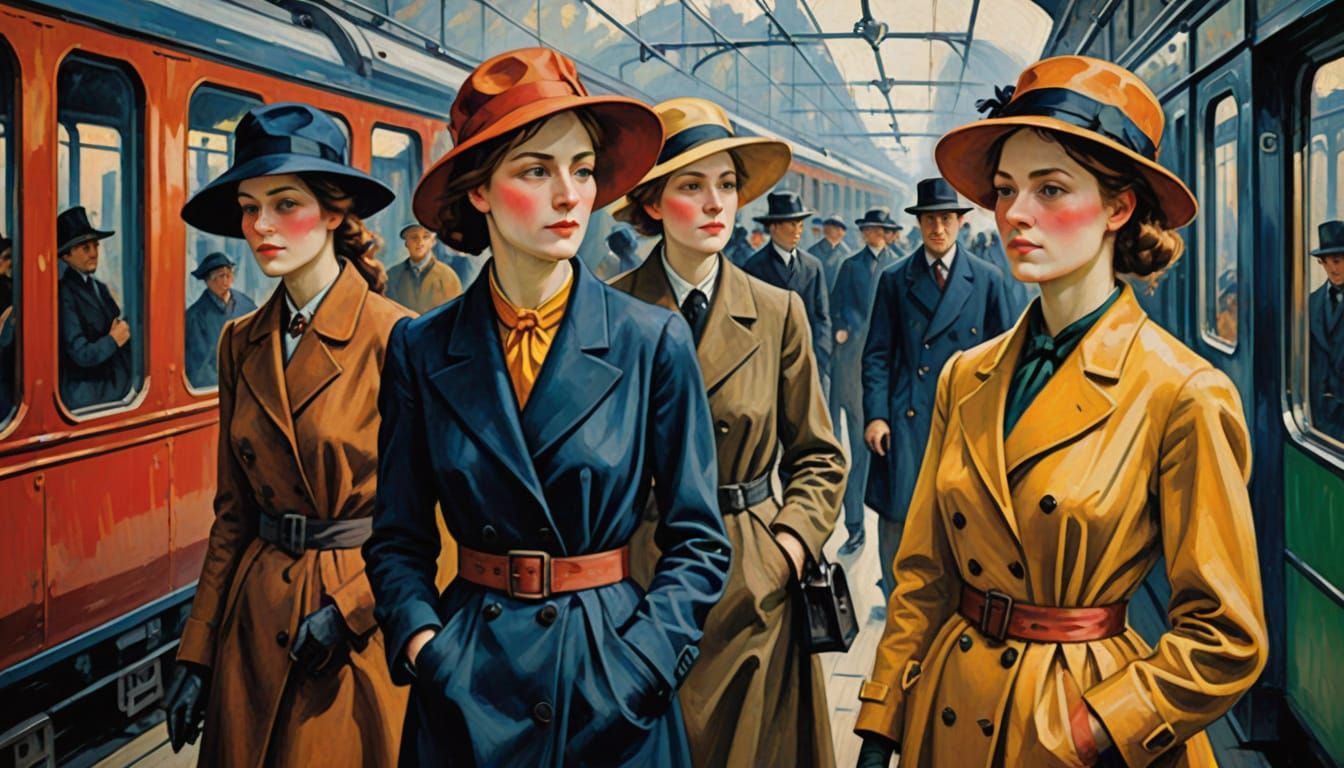 Elegant Women Boarding Train, Expressionist Style