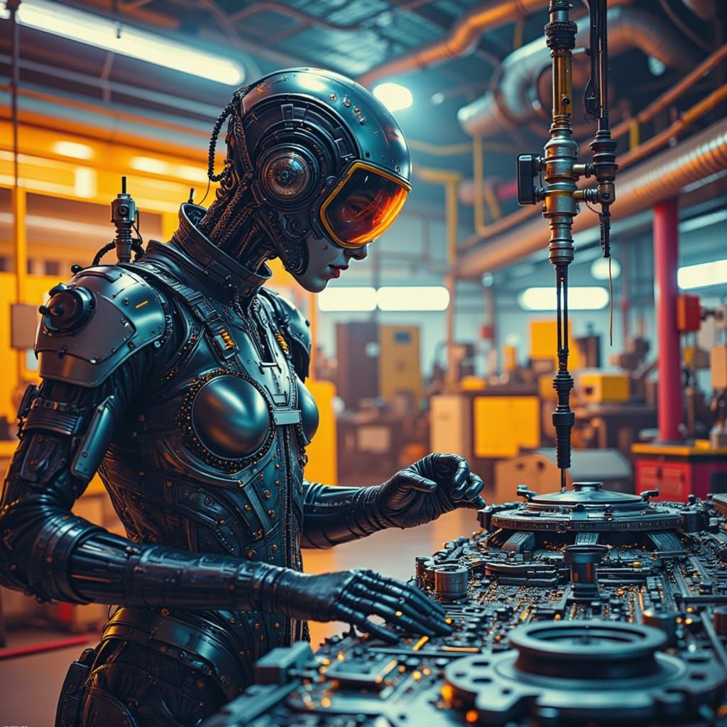 Cyborg Assembling Parts in Futuristic Factory